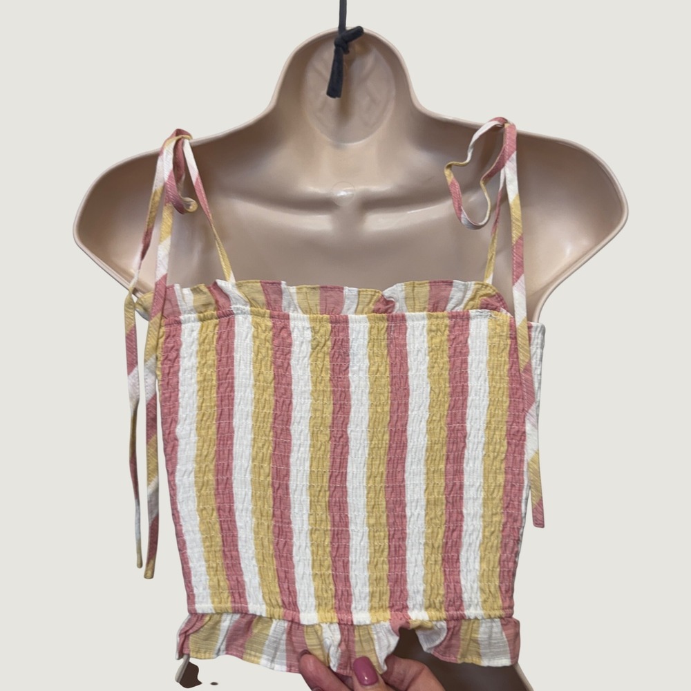 Blue Blush Smocked Crop Top S Pink Yellow Striped Lace Up Boho Beach Cottagecore - Picture 3 of 8